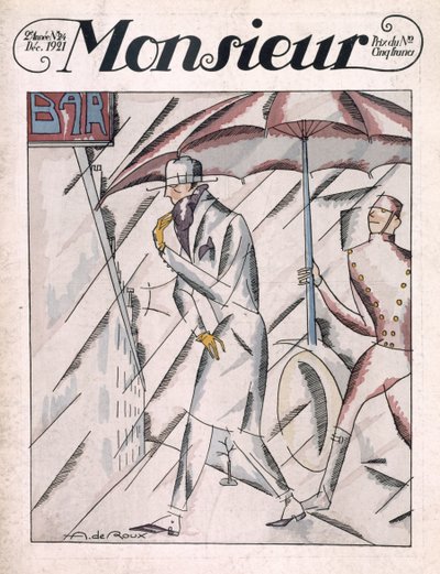 Mężczyzna w płaszczu przeciwdeszczowym, okładka magazynu „Monsieur”, nr 24, wyd. grudzień 1921 (druk pochórowy) autorstwa Andre de Roux