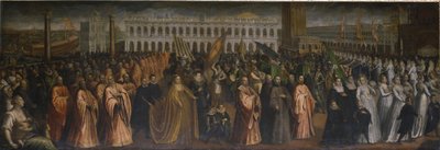 Dogaressa Marina Morosini-Grimani opuszcza Palazzo Grimani na koronację w Palazzo Ducale w Wenecji autorstwa Andrea Vicentino