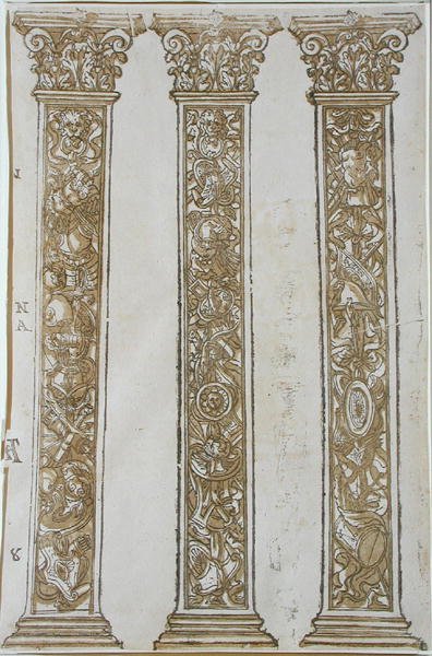 Motywy architektoniczne stanowiące granicę do Pochodu Cezara, Andrea Andreani (1540-1623) (drzewryt) autorstwa Andrea (after) Mantegna