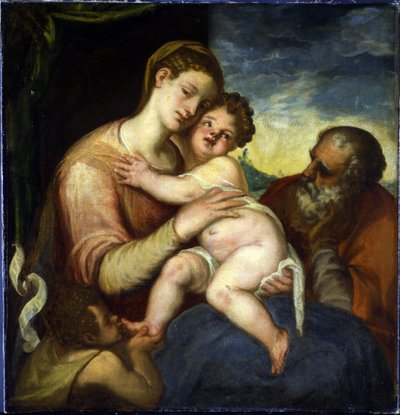 Święta Rodzina z Janem Chrzcicielem par Schiavone, Andrea (ok. 1520-1582). Olej na płótnie, format : 98x93, , Zamek Praski autorstwa Andrea Schiavone
