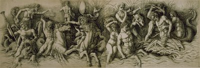 Bitwa bogów morskich (pióro i brązowy tusz na papierze) autorstwa Andrea (workshop of) Mantegna