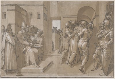 Chrystus wyprowadzany, żołnierze stoją po prawej stronie prześcieradła, 1585. autorstwa Andrea Andreani