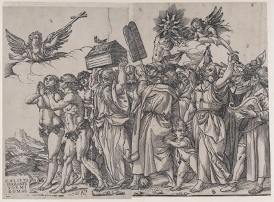 Sekcja A: anioł trzymający krzyż w lewym górnym rogu, poniżej Adam i Ewa, z Triumfu..., 1836. autorstwa Andrea Andreani