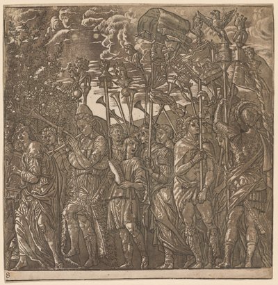 Triumf Juliusza Cezara: żołnierze niosący sztandary i sztandary, 1593-99. autorstwa Andrea Andreani