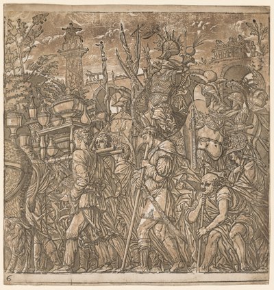 Triumf Juliusza Cezara: żołnierze niosący wazy i trofea wojenne, 1593-99. autorstwa Andrea Andreani