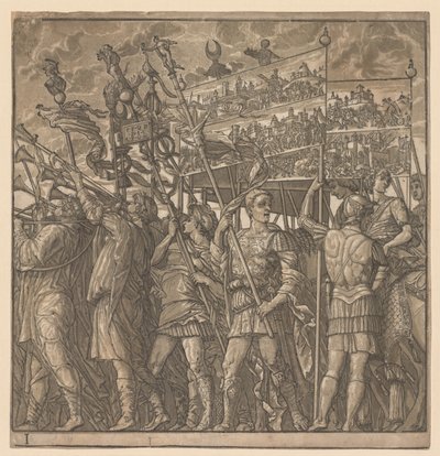 Triumf Juliusza Cezara: żołnierze niosący obrazy wojny, 1593-99. autorstwa Andrea Andreani