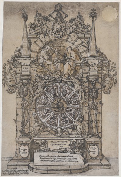 Triumf śmierci z trzema losami w architektonicznej ramie nad kołem fortuny..., 1588. autorstwa Andrea Andreani