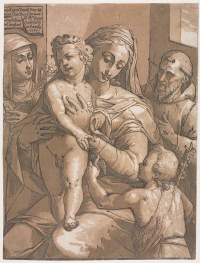 Dziewica z Dzieciątkiem ze św. Janem, św. Katarzyną ze Sieny i św. Franciszkiem, 1585. autorstwa Andrea Andreani