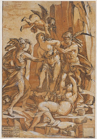 Cnota młodej kobiety w centrum czterech postaci przedstawiających miłość, błąd, ignorancję..., 1585. autorstwa Andrea Andreani