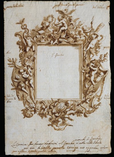 Ortogonalny rysunek do alegorycznej ramy, ok. 1700, Andrea Brustolon (1662-1732), pióro akwarelowe na białym papierze, Włochy autorstwa Andrea Brustolon