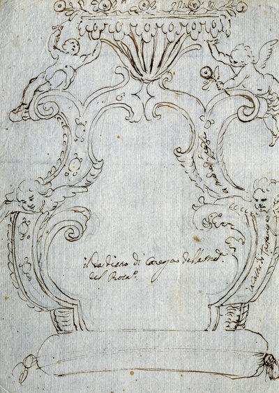 Sketch for chair back, ca 1715, by Andrea Brustolon (1662-1732), pencil and pen on white paper, Italy   1115287   pl       polish Successfully Translated  Original: Interior of a Farmhouse with Figures Translat: Interior of a Farmhouse with Figures 1222733 autorstwa Andrea Brustolon