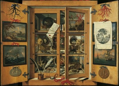 Gabinet osobliwości (ze szklanymi drzwiami) z różnymi przedmiotami autorstwa Andrea Dominico Remps (1621-1699). autorstwa Andrea Domenico Remps