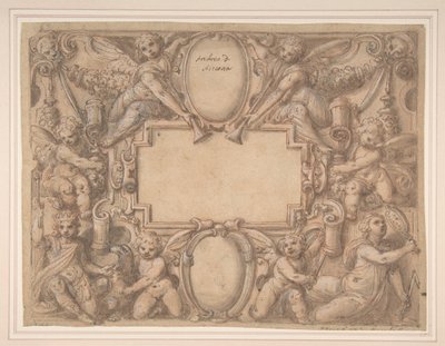 Kartusz i dwie tarcze otoczone postaciami alegorycznymi, 1570-1631. autorstwa Andrea Lilli