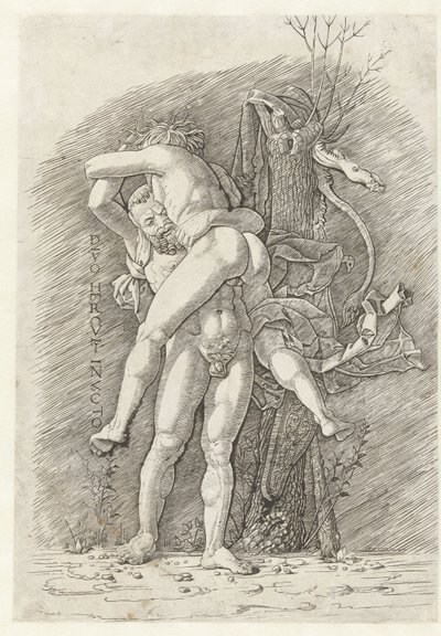 Herkules i Anteusz Niezwyciężony bóg Herkules (tytuł na obiekcie) autorstwa Andrea Mantegna (school of)
