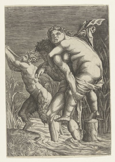 Mężczyzna nosi na plecach kobietę i satyrę autorstwa Andrea Mantegna (school of)