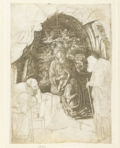 Maryja z Dzieciątkiem otoczona aniołami w jaskini z Józefem i królem w adoracji autorstwa Andrea Mantegna (school of)