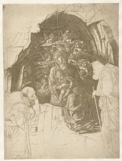 Maryja z Dzieciątkiem otoczona aniołami w jaskini z Józefem i królem w adoracji autorstwa Andrea Mantegna (school of)