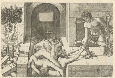 Merkury jako personifikacja Cnoty ratuje dusze w Limbo, a Daphne zamienia się w drzewo Virtus Deserta (tytuł na obiekcie) autorstwa Andrea Mantegna (school of)