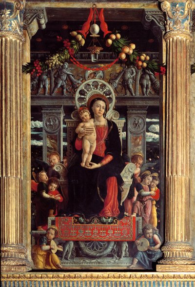 Ołtarz San Zeno: centralny panel „Madonna a Child with dziewięciu aniołów”” Obraz Andrea Mantegna (1431-1506) 1457-1459 Verone, Basilica di San Zeno, Włochy autorstwa Andrea Mantegna