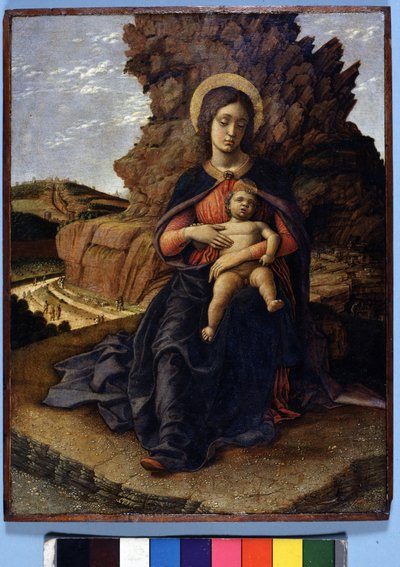 Andrea Mantegna, „Dziewica kamieniołomów”: Dziewica z Dzieciątkiem, a w tle kamieniołomy z robotnikami przy pracy, Galeria Uffizi, Florencja autorstwa Andrea Mantegna