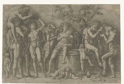 Bachanalia z satyrami i bachantkami w winiarni autorstwa Andrea Mantegna