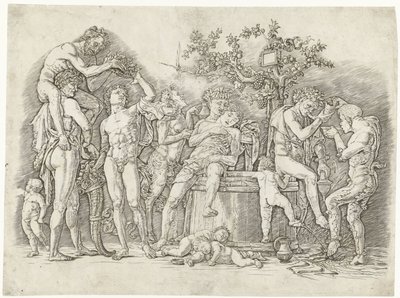 Bachanalia z satyrami i bachantkami w winiarni autorstwa Andrea Mantegna