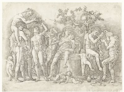 Bachanalia z satyrami i bachantkami w winiarni autorstwa Andrea Mantegna