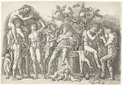 Bachanalia z satyrami i bachantkami w winiarni autorstwa Andrea Mantegna