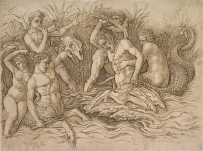 Bitwa bogów morza prawa połowa, ca. 1485-88. autorstwa Andrea Mantegna