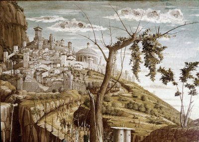 Chrystus modlący się w ogrodzie drzew oliwnych, lewa część predelle, Ołtarz San Zeno (tempera na drewnie, ok. 1457-1460) autorstwa Andrea Mantegna