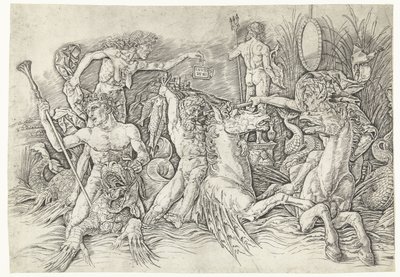Bitwa między satyrami jadącymi na hipokampach a staruszką jako uosobieniem zawiści stojącą na grzbiecie smoka Bitwa Bogów Morskich autorstwa Andrea Mantegna