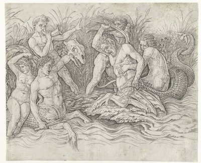 Bitwa między trytonami z nereidami na plecach Bitwa Bogów Morskich autorstwa Andrea Mantegna