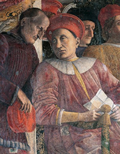 Ludovico Gonzaga i radca Marsilio Andreasi, fragment ściany sądu Andrei Mantegny (1431-1606), fresk, zamek San Giorgio, sala weselna lub Camera Picta, Mantua autorstwa Andrea Mantegna