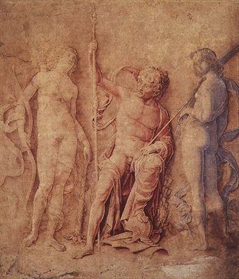 Mars, Diana i Iris (?) 1446-1506 (pióro i brązowy tusz, z brązowym, czerwonym i niebieskim rozmyciem, podkreślone bielą, na papierze przebarwiony brąz) autorstwa Andrea Mantegna