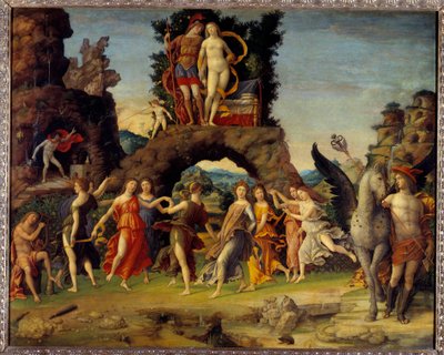 Mars i Wenus lub Parnas. Obraz przedstawiający Marsa i Wenus na skale, Pegazę i Merkurego, Apolla i dziewięć muz Kaliope (poezja epicka), Clio (historia), Erato (sztuka liryczna), Euterpe (muzyka), Melpomena (tragedia), Polymnie (retoryka), Terpsychor autorstwa Andrea Mantegna