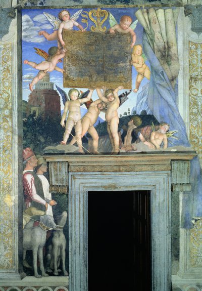 Putti ze skrzydłami motyla podtrzymującymi tablicę dedykacyjną z psami myśliwskimi i ich przewodnikami poniżej, z Camera degli Sposi lub Camera Picta, 1465-74 fresk z 78449 autorstwa Andrea Mantegna