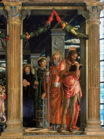 Ołtarz San Zeno. Prawa strona. 1457-1460. Detal przedstawia Jana Chrzciciela, Wawrzyńca Rzymskiego, Augustyna z Hippony i Benedykta z Nursji autorstwa Andrea Mantegna
