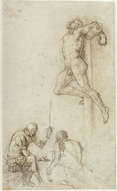 Złoczyńcy na krzyżu, poniżej dwóch żołnierzy grających w kości autorstwa Andrea Mantegna