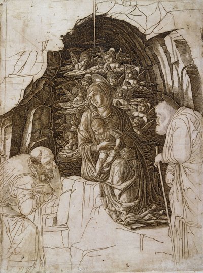 Adoracja Trzech Króli: Dziewica w Grocie, ok. 1475-80 autorstwa Andrea Mantegna