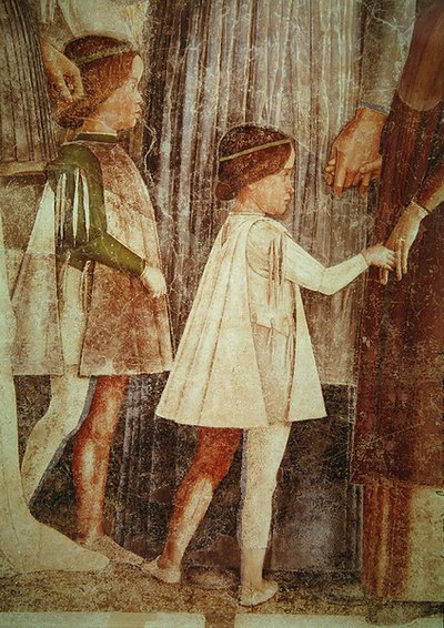 Przybycie kardynała Francesco Gonzagi, powitanego przez ojca Marchese Ludovico Gonzagę III i jego braci, szczegóły dotyczące dzieci z Gonzague, ok. godz. 1465-74 (szczegóły 78454) autorstwa Andrea Mantegna