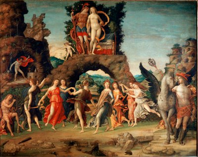 Parnas (Apollo i dziewiątki muzy) (tempera i złoto na płótnie) autorstwa Andrea Mantegna
