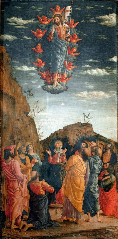 Wejście. Obraz Andrea Mantegna (1431-1506) z 1460 r. 86x42,5 cm. Firenze, Galleria degli Uffizi. - Wniebowstąpienie Chrystusa, Andrea Mantegna (1431-1506). Tempera na drewnie, 86x42,5 cm autorstwa Andrea Mantegna