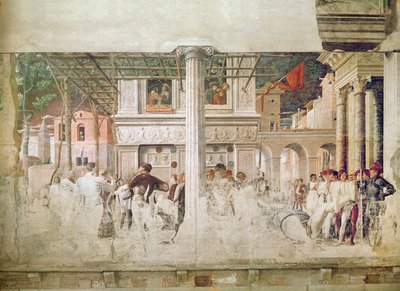 Męczeństwo św. Krzysztofa i przeniesienie jego ciała (przed restauracją), ok. 1450-56 autorstwa Andrea Mantegna