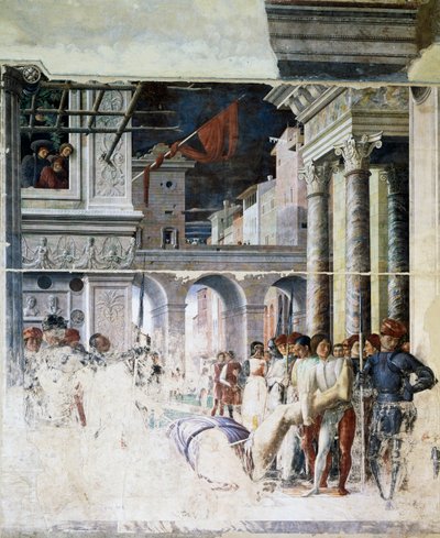 Transport ściętego ciała św. Krzysztofa, fragment z Męczeństwa św. Krzysztofa autorstwa Andrea Mantegna