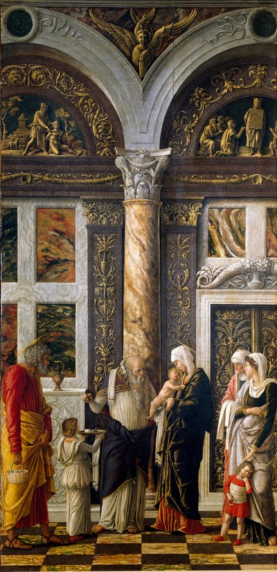 Poliptyk Uffizi: „” obrzezanie””” Prawa część. Detrempe na drewnie autorstwa Andrea Mantegna (1431-1506) 1464-1470. Ciemny. 86x42,5 cm Florencja, Galleria degli Uffizi (Biura) autorstwa Andrea Mantegna
