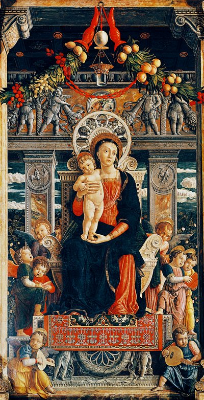 Dziewica na tronie, fragment środkowej części ołtarza San Zeno autorstwa Andrei Mantegny (1431-1506), drewno, 220x115 cm, bazylika San Zeno, Werona autorstwa Andrea Mantegna