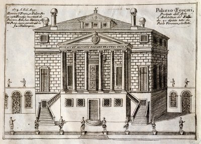 Główna fasada Villa Foscari znana jako La Malcontenta, Mira, zaprojektowana przez Andrea Palladio (1508-1580), rycina z Wzdłuż Kanału Brenta, prawie dzielnica Wenecji, autorstwa Vincenzo Coronelli (1650-1718), Wenecja autorstwa Andrea Palladio