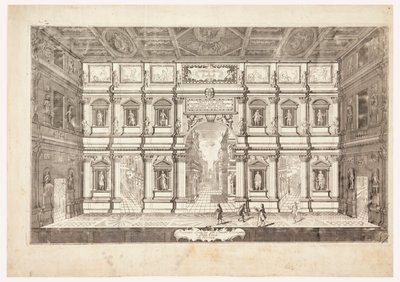 Elewacja wewnętrzna Teatru Olimpijskiego w mieście Vincenza (Widok na scenę Teatro Olimpico w Vicenzy) autorstwa Andrea Palladio