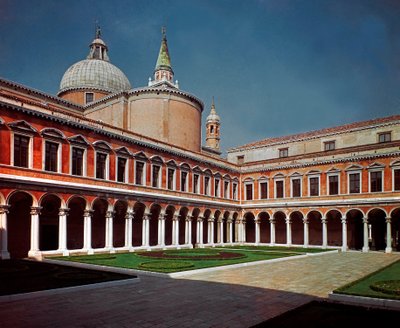 Architektura renesansowa: widok krużganka kościoła San Giorgio Maggiore (św. Jerzego Większego) projektu architekta Andrei di Pietro della Gondola dit Palladio (1508-1580) 1566 Wenecja (Wenecja), Włochy autorstwa Andrea Palladio