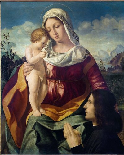 Dziewica z Dzieciątkiem, z darczyńcą - Obraz Andrei Previtali (ok. 1480-1528), olej na płótnie autorstwa Andrea Previtali